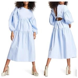 New ASOS Women's Tie Open Back Tiered Long Sleeve Cotton Maxi Dress in Baby Blue